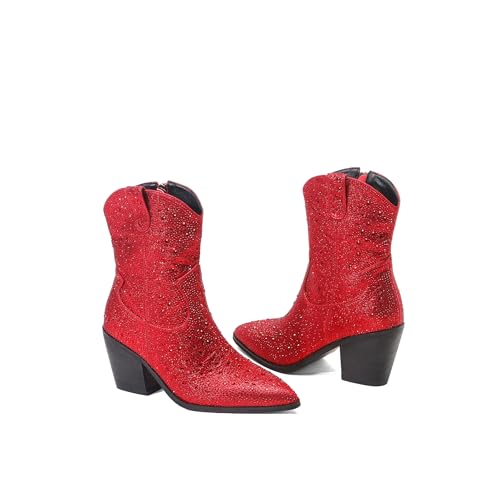 Women's Western Rheinstone Cowboy Boots Block Heel Pointed Toe Flash Ankle Boots for Outdoor Party Side Zip Comfort Booties4