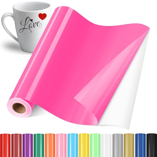 YAFLC Vinyle Adhésif Rose néon, 30.5x400cm Rouleau de Vinyl Permanent, Film Autocollant pour Tasses, Verre, Céramique, Cadeaux de Bricolage, Noël