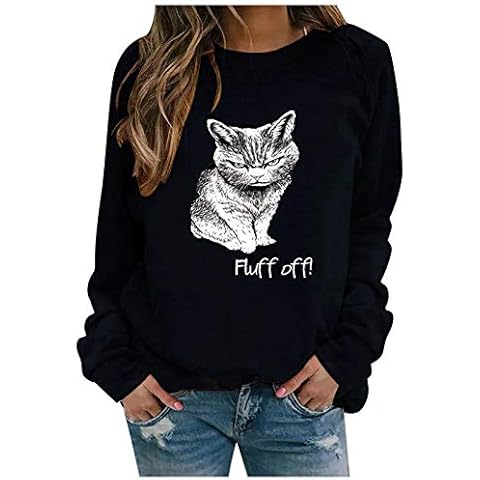 Womens Leisure Cat Print Long Sleeve Sweatshirt Fluff off Letter Printed Round Neck Casual Loose Tops Casual Long Sleeve Basic Jumper Tunic Blouse Shirts Pullover Black Cover