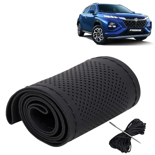 Image of KINGSWAY PU Leatherite Car Steering Cover Sewable Compatible with Maruti Suzuki Fronx (Year 2023 Onwards), Black Color with Black Thread, Pack of 1 with Sewing Needle and Thread