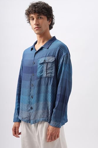 Image of Men's Indigo Blue Gradient Drop Shoulder Long Sleeve Casual Button-Down Shirt