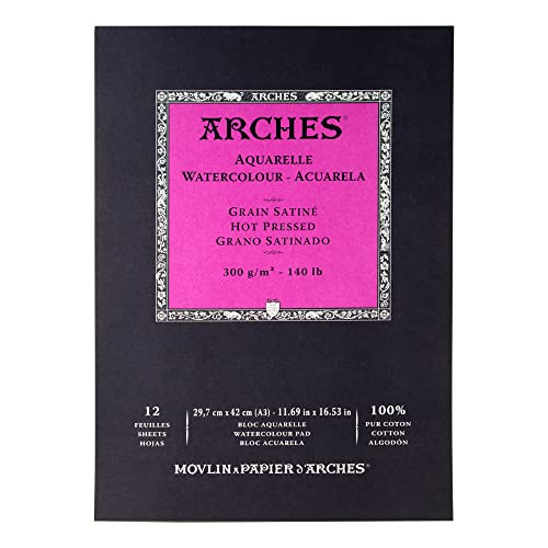 Arches Watercolor Pad 11.69x16.53-inch Natural White 100% Cotton Paper - 12 Sheet Arches Hot Press Watercolor Paper 140 lb Pad - Arches Art Paper for Watercolor Gouache Ink Acrylic and More