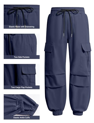 Image of JiAmy Girls Cargo Pants Elastic High Waist Drawstring Pants Jogger Trousers Casual Loose with Pockets 6-14Y