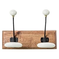 DRW Wandgarderobe aus Holz mit 2 Haken aus Metall und Keramik in Weiß, Schwarz und Natur, 19 x 28 x 14 cm