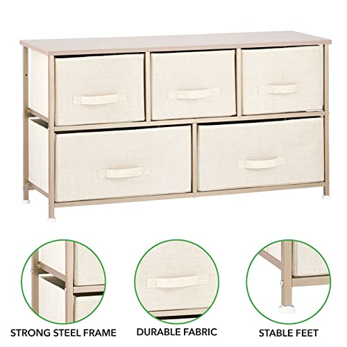 Mdesign 21.65" High Steel Frame/Wood Top Storage Dresser Furniture Unit With 5 Removable Fabric Drawers - Wide Bureau Organizer For Bedroom, Living Room, Closet - Lido Collection, Cream/Gold #TOP3