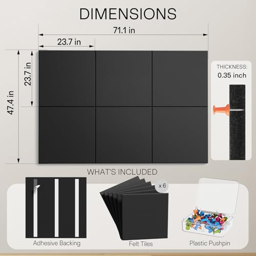 Image of MaxGear Extra Large Bulletin Board 72 inch x 48 inch, Black Felt Wall Tiles Pushpin