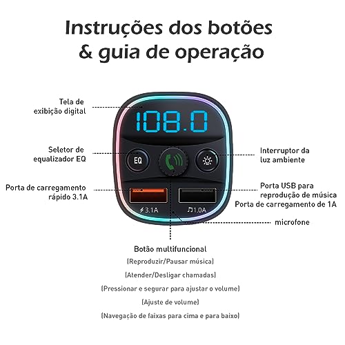 Carregador Veicular Universal, Reprodutor de MP3 para Carro, Conexão Bluetooth, Reprodução de Música