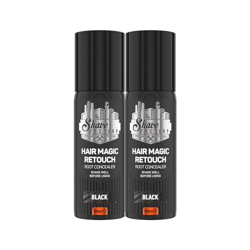 The Shave Factory Magic Retouch Spray de 100 ml para cubrir la raíz del cabello, corrector para el cabello, espray para la raíz del cabello, no más raíces (2 unidades, negro)