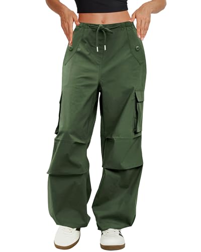 COPYLEAF Cargo Pants Women Low Waisted Parachute Pants with Pockets Loose Baggy Hiking Pants Y2K Clothes Olive Green
