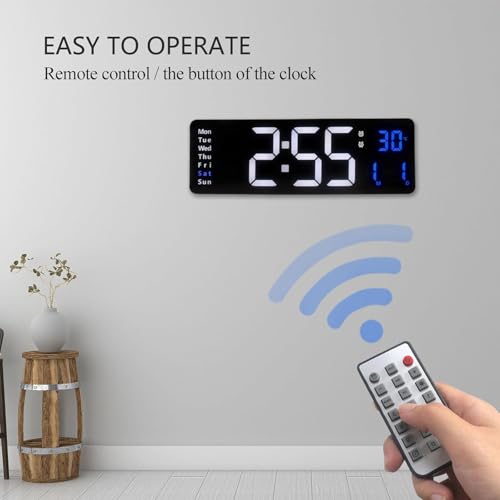 Image of 15-Inch Digital Wall Clock with Large LED Display - Remote Control, Auto-Dimming, Night Light, Date, Day, Temperature, DST Function - Ideal for Living Room, Bedroom (White & Blue)