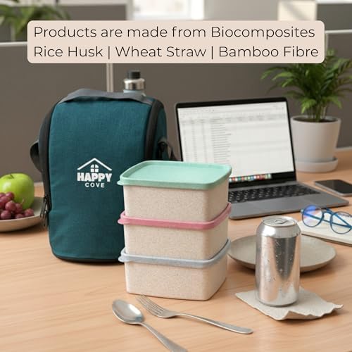 Image of Happy Cove Eco Friendly Lunch Box for Office Use | Biocomposite Wheat Straw, Rice Husk & Bamboo Fibre | 3 Multicolour Containers | Tiffin Box with Lunch Bag | Microwave & Oven Safe | Unbreakable