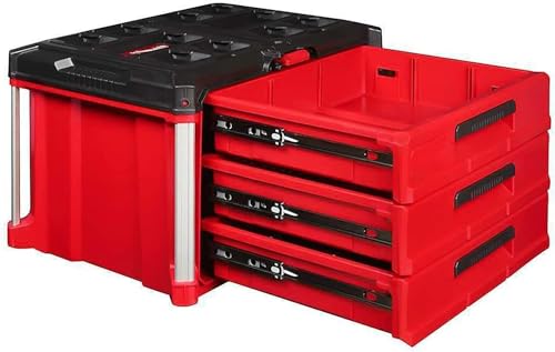 Tool Box Fit For Milwaukee 48-22-8443 PACKOUT 3 Drawer Durable Tool Box w/ 50lbs Capacity,Red, Black,Interior Organizer Tray, Assembly Required, Stackable, Lockable