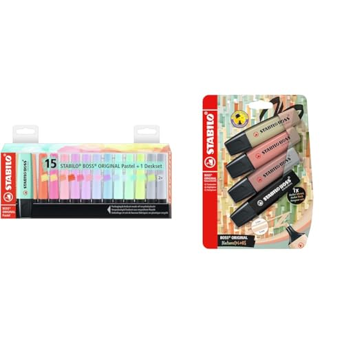 STABILO Marcador BOSS ORIGINAL Pastel - Set de mesa con 15 colores & Marcador BOSS ORIGINAL NatureCOLORS - Pack con 4 colores (verde barro, siena, ocre oscuro, negro)