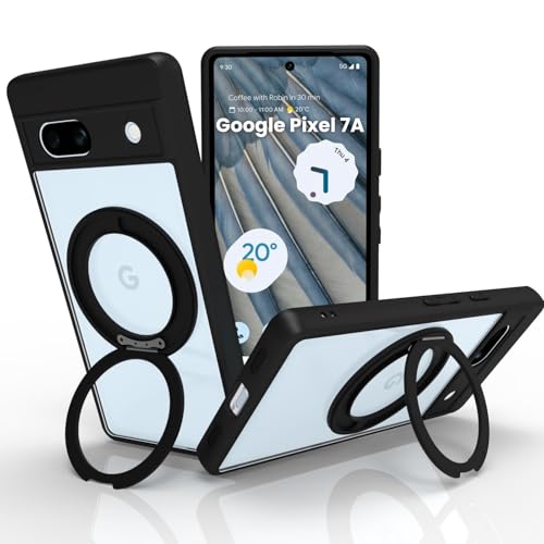 Image of RIGGEAR Shockproof Sleek Hybrid Armor 360 Rotating Magnetic Ring Stand Back Cover Case Compatible with MagSafe Accessories for Google Pixel 7A (Clear PC + Black TPU Bumper)