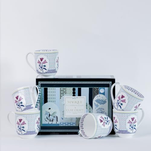 Image of Clay Craft x Magique by The Wishing Chair : Bouquet Tulip Garden Coffee Mugs Set of 6 - 250 ml Fine Ceramic Tea Cups | Lightweight Floral Bone China Mugs | Microwave & Dishwasher Safe | Daily Use