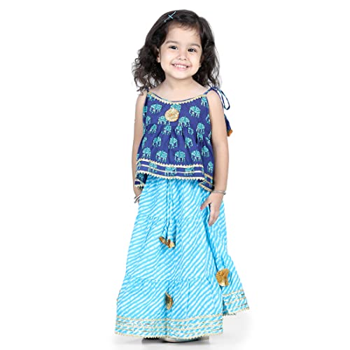 Hathi Print Pure Cotton Top Leheriya Lehenga for Girls-Blue
