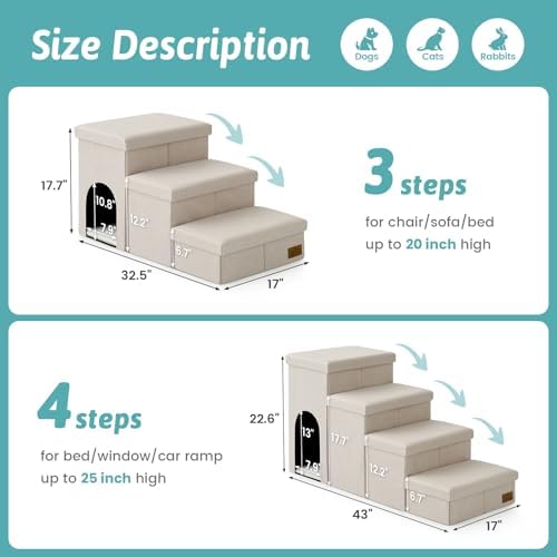 Dog Stairs with Storage, 3-Step Wider Sturdy Dog Steps for Small/Medium/Large Dogs and Older Cats, Doggie Ramp with Condo for Bed/Couch/Car Hold Up to 180 lbs (17.7" H, Beige) - 2