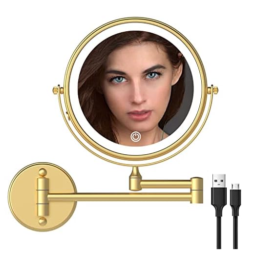 WZRUA Rechargeable Wall Mounted Lighted Makeup Mirror Gold,8 Inch Double-Sided LED Vanity Mirror 1X/10X Magnification,3 Color Lights Touch Screen Dimmable 360°Swivel Extendable Bathroom Mirror