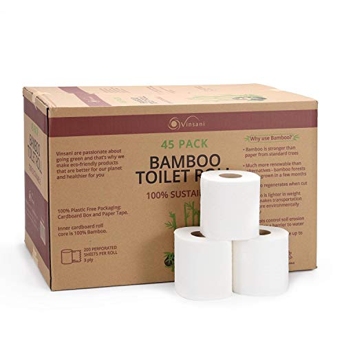 Vinsani 3 Ply Bamboo Toilet Rolls – 45 Rolls Super-Soft Toilet Paper 100% Natural Toilet Tissues in Plastic Free Eco Friendly Packaging Sustainable Tissue Paper | Compostable Loo Roll