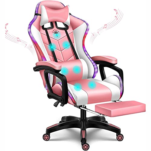 Chaise de jeu LED RVB rose avec haut-parleurs Bluetooth et massage