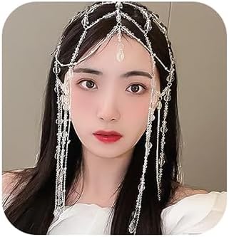 Diadema de cristal brillante para la cabeza, diadema larga con borlas, diadema de plata para la frente en capas de boda, cadena de pelo con
