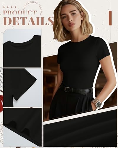 Image of Evervibe Women Built-in Bra Short Sleeve Shirts Crewneck T-Shirt Slim Fit Going Out Tops Summer Casual Basic Tees(Black,XX-Large)