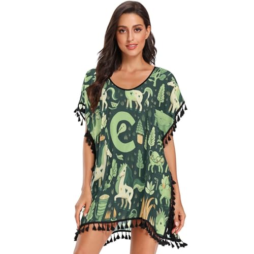 Green Cartoon Patterns Animals Women's Beach Cover Up Chiffon Tassel Swimwear Swimsuit Coverups for Girl