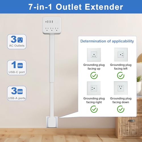 Electrical Outlet Extender Stick, 180° Rotating Surge Protector Power Strip, Featured 3 AC and 4 USB Ports, Multi Plug Wall Outlet Splitter | Ideal for Behind Couches, Nightstands, image 4