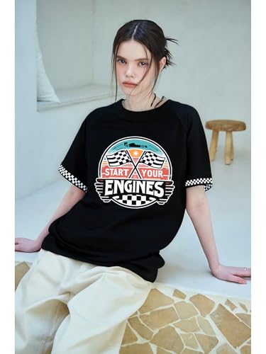 Racing Shirt Women Vintage Checkered Flag Racing Shirts Start Your Engines Tshirt Raceday Casual Short Sleeve Tops4