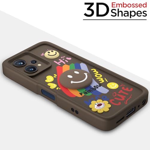 Image of Pikkme Back Cover for Realme 9 Pro 5G | Soft Silicone| Cute Rainbow Smile & 3D Cartoon Flower Design | Shockproof Raised Camera Protection Bumper Case (Brown)