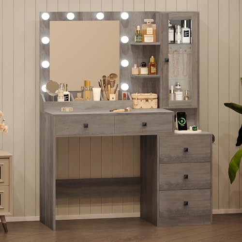 Image of HUANLEGO Vanity Desk with Mirror and Lights, Grey Makeup Vanity Set with 5 Drawers, Jewelry Organizer& LED Glass Cabinet, 3 Light Mode Dressing Table for Girls, Vanities Mirror with Lights Desk