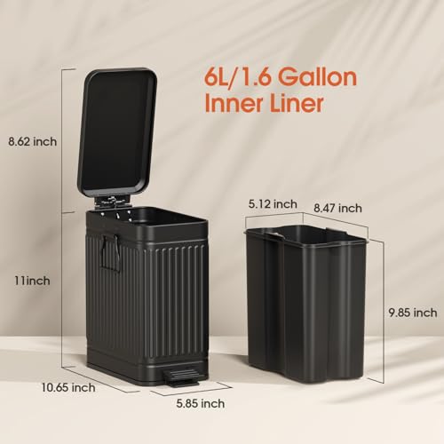 Image of Small Trash Can with Lid Soft Close-6L /1.6 Gal Stainless Steel Outdoor Dog Poop Garbage Can-Metal Waste Bins with Pedal for Bathroom Bedroom Office-Black
