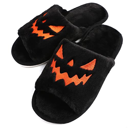 ZOEBER Pink Halloween Slippers, Pink Pumpkin Slippers, Soft Plush Cozy Open Toe Indoor Outdoor Fuzzy Slippers