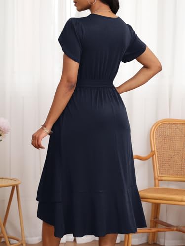 Image of PerZeal Women's Summer Dress Casual Ruffle Sleeve Crewneck A-Line Tiered Flowy Short Sleeve Long Dress with Belt
