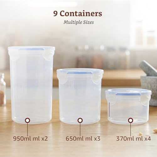 Image of Amazon Brand - Solimo Round Plastic Storage Jar & Container Set | Airtight Lid | BPA-Free Plastic | Microwave, Freezer & Dishwasher Safe | Kitchen Storage | 370ml, 650ml & 950ml | Set of 9