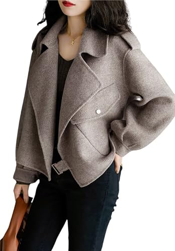 utcoco Women Cropped Wool Coats Notched Lapel Pea Coat Open Front Trench Overcoat Jackets with Pockets