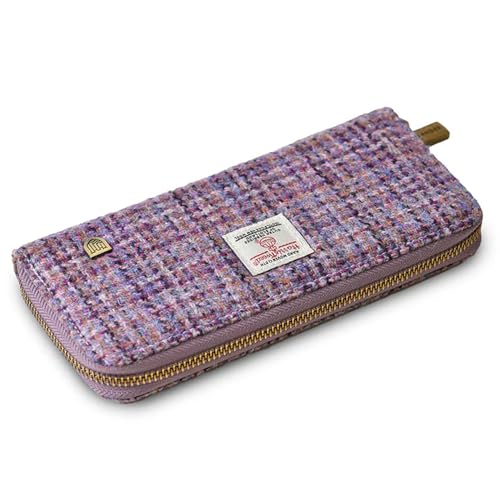 Image of Islander HarrisTweed & PU Leather women's long zip purse, Carry Cash & card, Scottish Style, Violet Mini Dogtooth