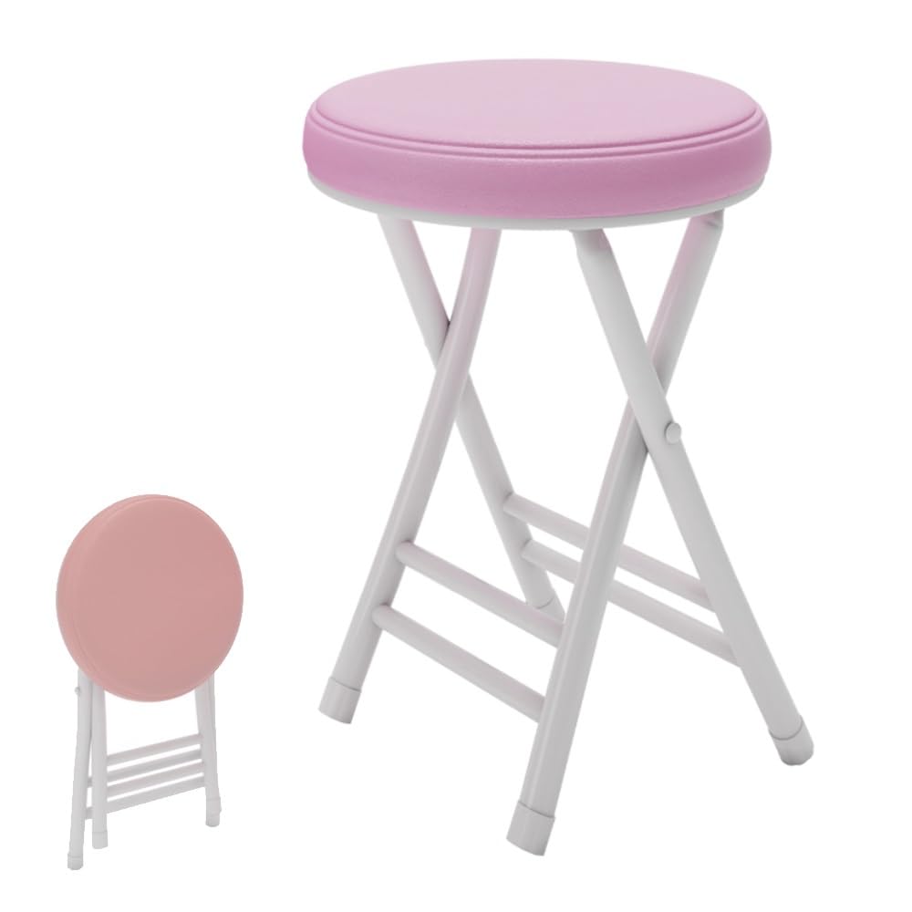 20" Home Folding Stool Collapsible Padded Bar Stool Round Kitchen Stools No Back Portable Breakfast Chairs PU Leather for Kitchen Breakfast Cafe(Pink)