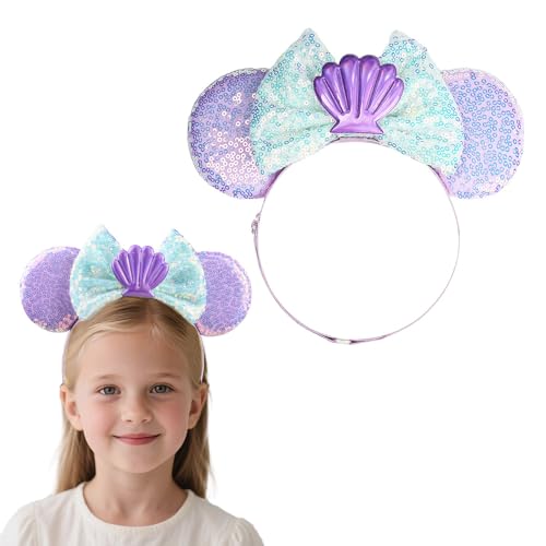 Adjustable Mermaid Mouse Ears Hair Bow Headband, Elastic Hairband Party Headwear for Baby Girls Infant Toddlers
