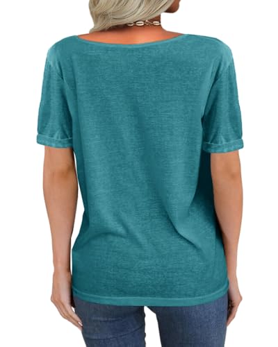 Image of Danedvi Women Deep V-Neck Short Sleeve Tops Solid Casual Loose T Shirt
