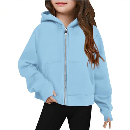 Generisch Sudaderas con cremallera para niñas, sudaderas con capucha para adolescentes, chaquetas de forro polar, para otoño, ropa de moda para invierno, azul celeste, 9-10 años