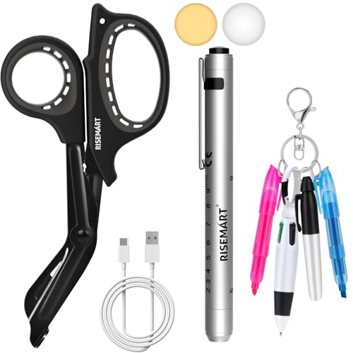 RISEMART Rechargeable Pen light with Medical Scissors and 4 Pen Set, 7.5"Trauma Shears with Warm/White Penlight and Mini Pen, Nurse Essentials, Tools Set for Nurse, Nursing Student, Doctor