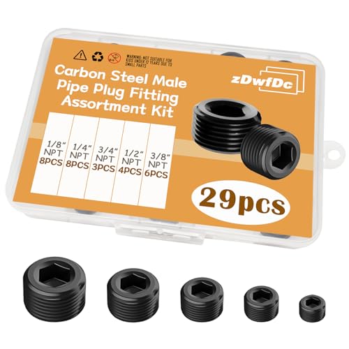 zDwfDc 29PCS 5 Size Pipe Plug Fitting Assortment Kit, Black Carbon Steel 1/8\" 1/4\" 3/8\" 1/2\" 3/4\" NPT Plug DD032-29