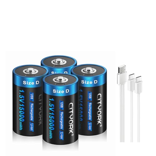 CITYORK Pilas recargables de litio USB D, 1,5 V, 15000 mWh, pilas D recargables con cable de carga tipo C, paquete de 4