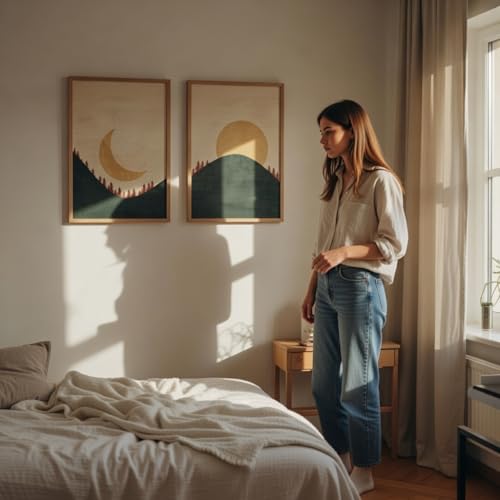 Image of Livin'luxe Set of 2 Moon and Sun Landscape Wall Art Premium MDF Wooden color Color Framed HD Sparkle Lamination Printed Minimal Mountain Painting for Living Room Bedroom Home Decor