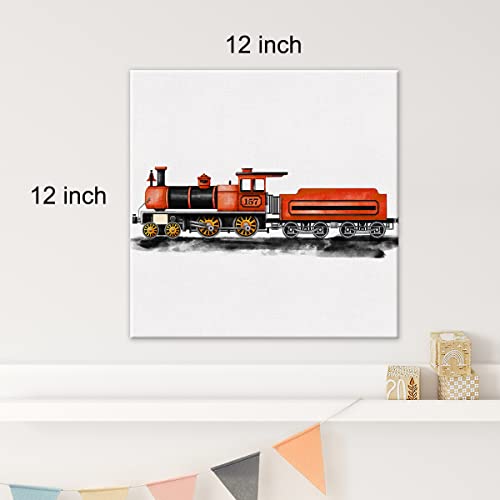 Watercolor Train Canvas Wall Art Transportation Steam Locomotive Painting Print Railroad Canvas Framed Artwork Nursery Wall Decor For Home Bedroom Kids Playroom 12X12 Inch (Red) #TOP1