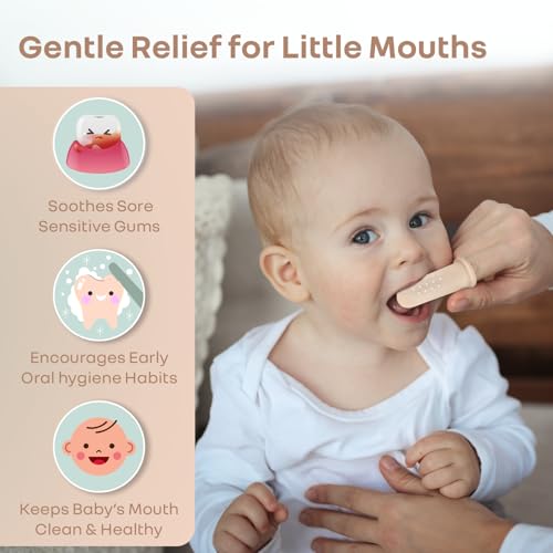 Image of R for Rabbit Tiny Smiles Gummy Finger Toothbrush for Babies | BPA-Free Silicone 2 in 1 Brush & Tongue Cleaner with Storage Case | Oral Care for 0+ Months | Safe & Travel-Friendly (Beige)