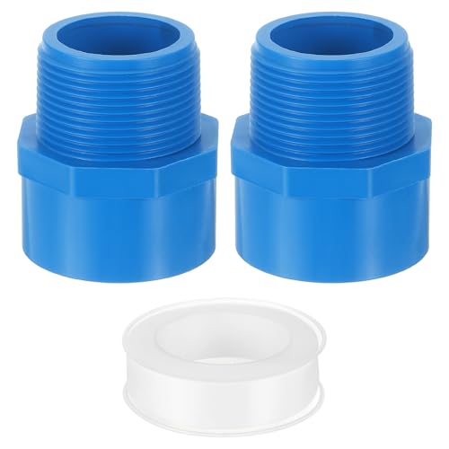QUARKZMAN 2Pcs 50mm Adaptador Macho de PVC para Conexión de Tuberías, Conectores de 2 Vías con Cinta Selladora (Socket x Rosca de Tubería Macho), Acoplador de Manguera (Azul)