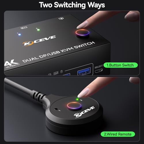 Image of Displayport KVM Switch 2 Monitors 2 Computers 8K@30Hz 4K@144Hz, USB3.0 Dual Monitor KVM Switch for 2 Computers Share 2 Monitors and 4 USB Peripherals,with Wired Remote and 2 USB Cable