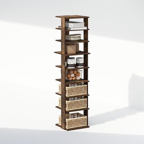 Image of Furinno Turn-N-Tube Corner Shelf, 9-Tier Display Rack, Vertical Corner Storage Rack, Space Saving Organization and Storage, Entryway, Living Room, Closet, Amber Pine